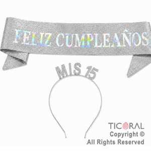 SET VINCHA MIS 15 Y BANDA FELIZ CUMPLEA�OS PLATA